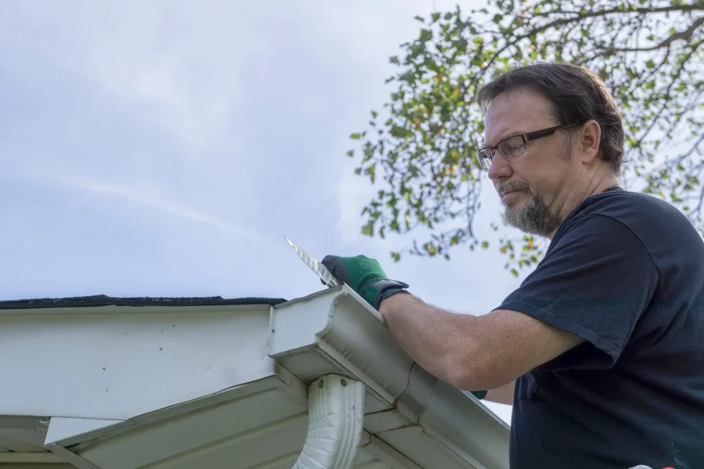 man installing stainless steel gutter guards